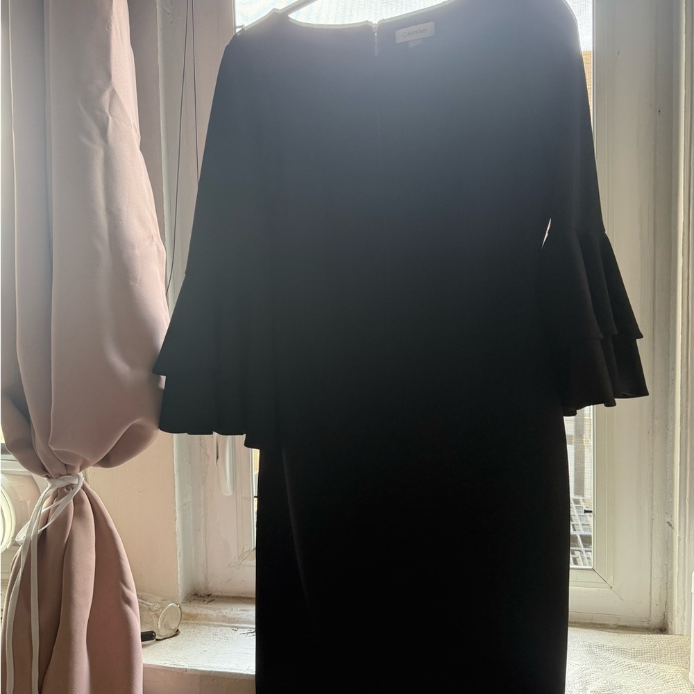 Calvin Klein Black Long Sleeve Dress with Tiered Bell Sleeves